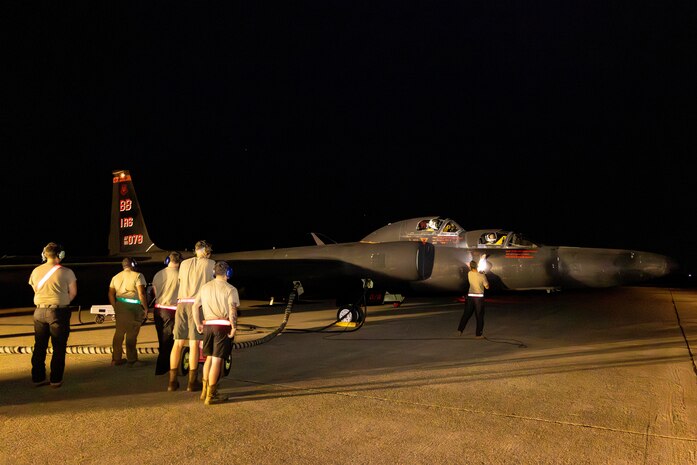 U.S. Air Force members of the 9th Aircraft Maintenance Squadron prepare a 9th Reconnaissance Wing TU-2S Dragon Lady piloted by Cory “ULTRALORD” Bartholomew, 1st Reconnaissance Squadron (RS) assigned flight safety officer and U-2 instructor pilot, and Lt. Col. “JETHRO”, 1st RS instructor pilot and U-2 chief pilot, at Beale Air Force Base (AFB), California, Aug. 1st, 2025.