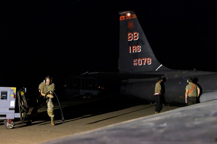 U.S. Air Force members of the 9th Aircraft Maintenance Squadron prepare a 9th Reconnaissance Wing TU-2S Dragon Lady piloted by Cory “ULTRALORD” Bartholomew, 1st Reconnaissance Squadron (RS) assigned flight safety officer and U-2 instructor pilot, and Lt. Col. “JETHRO”, 1st RS instructor pilot and U-2 chief pilot, at Beale Air Force Base (AFB), California, Aug. 1st, 2025.