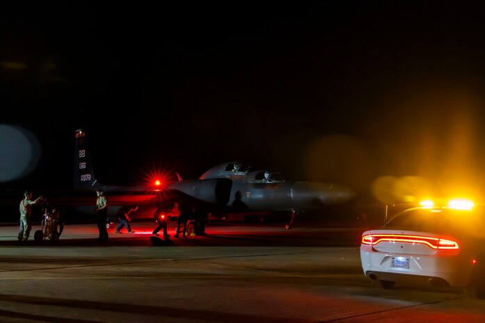 A 9th Reconnaissance Wing TU-2S Dragon Lady piloted by Cory “ULTRALORD” Bartholomew, 1st Reconnaissance Squadron (RS) assigned flight safety officer and U-2 instructor pilot, and Lt. Col. “JETHRO”, 1st RS instructor pilot and U-2 chief pilot, is prepared for flight by members of the 9th Aircraft Maintenance Squadron at Beale Air Force Base (AFB), California, July 31st, 2025.