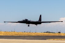A 9th Reconnaissance Wing TU-2S Dragon Lady piloted by Cory “ULTRALORD” Bartholomew, 1st Reconnaissance Squadron (RS) assigned flight safety officer and U-2 instructor pilot, and Lt. Col. “JETHRO”, 1st RS instructor pilot and U-2 chief pilot, lands at Beale Air Force Base (AFB), California, Aug. 1st, 2025.