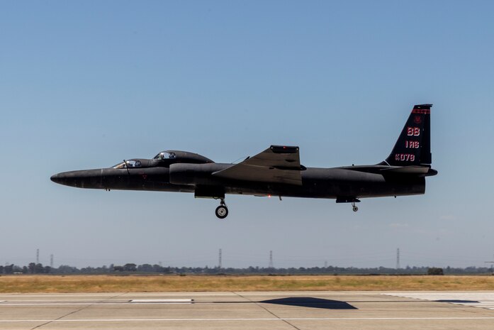 A 9th Reconnaissance Wing TU-2S Dragon Lady piloted by Cory “ULTRALORD” Bartholomew, 1st Reconnaissance Squadron (RS) assigned flight safety officer and U-2 instructor pilot, and Lt. Col. “JETHRO”, 1st RS instructor pilot and U-2 chief pilot, lands at Beale Air Force Base (AFB), California, Aug. 1st, 2025.