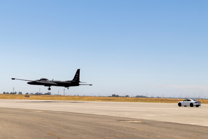 A 9th Reconnaissance Wing TU-2S Dragon Lady piloted by Cory “ULTRALORD” Bartholomew, 1st Reconnaissance Squadron (RS) assigned flight safety officer and U-2 instructor pilot, and Lt. Col. “JETHRO”, 1st RS instructor pilot and U-2 chief pilot, lands at Beale Air Force Base (AFB), California, Aug. 1st, 2025.