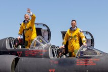 Cory “ULTRALORD” Bartholomew, 1st Reconnaissance Squadron (RS) assigned flight safety officer and U-2 instructor pilot, and Lt. Col. “JETHRO”, 1st RS instructor pilot and U-2 chief pilot, celebrate after landing a 9th Reconnaissance Wing TU-2S Dragon Lady at Beale Air Force Base (AFB), California, Aug. 1st, 2025.