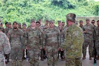 Maj. Gen. Scott A. Winter, Deputy Commanding General - Strategy and Plans for the U.S. Army Pacific (USARPAC) gives his remarks to Nevada National Guard Soldiers at the Exercise Tiger Lightning 2025 (TL25), at the Jalalabad Cantonment, Sylhet, Bangladesh on July 25, 2025.