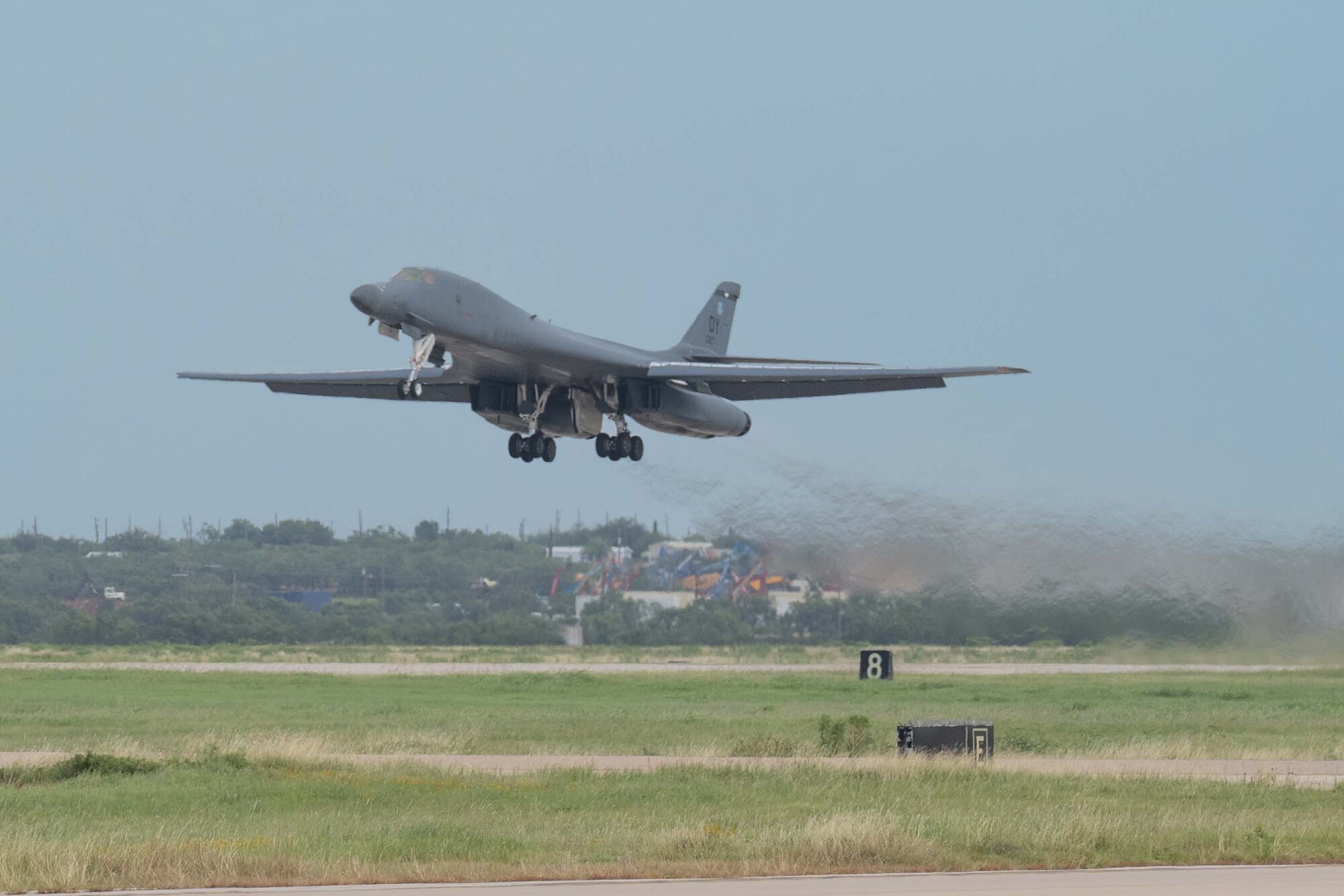 A U.S. Air Force B-1B Lancer departs Dyess Air Force Base, Texas, July 23, 2025, to participate in Red Flag-Nellis 25-3. During Red Flag, Dyess aircrews flew daily sorties from Texas to Nevada, executing simulated strike missions in a contested, high-threat environment. (U.S. Air Force photo by Airman Caleb Schellenberg)