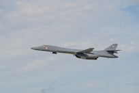 A U.S. Air Force B-1B Lancer departs Dyess Air Force Base, Texas, July 23, 2025, to participate in Red Flag-Nellis 25-3. During the exercise, Dyess bombers employed a hybrid operations model featuring daily sorties flown from home station while mission planning cell teams operated forward from Nellis. (U.S. Air Force photo by Airman Caleb Schellenberg)