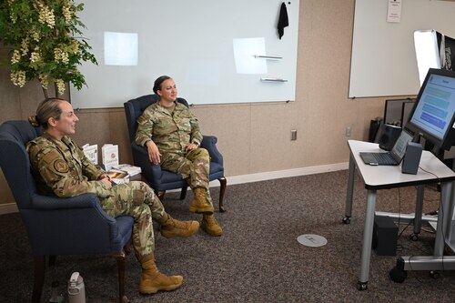 Tech. Sgts. Brianna Benko and Kathleen McConnell, Master Resilience Trainer Course instructors with the Eaker Center for Professional Development speak on camera during an Air Force Medical Service panel on burnout at Maxwell Air Force Base, Alabama, July 17, 2025. The panel provided viewers with tools to recognize burnout symptoms, build emotional resilience, and apply practical strategies for recovery and prevention.