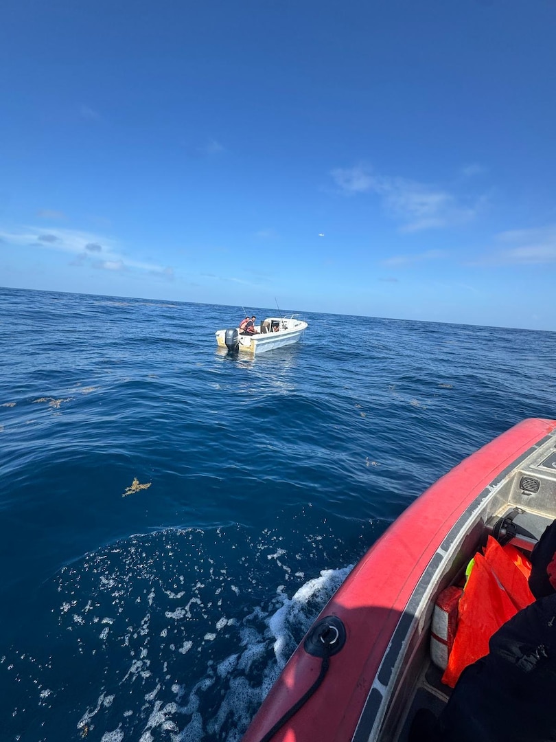A U.S. Coast Guard Cutter Richard Dixon small boat crew approaching a disabled vessel in the Mona Passage, August 1, 2025. Watchstanders at Coast Guard Sector San Juan received the initial report of the three missing men from Fuerzas Unidas de Rapida Acción at approximately 9:30 P.M., Friday. (U.S. Coast Guard photo)