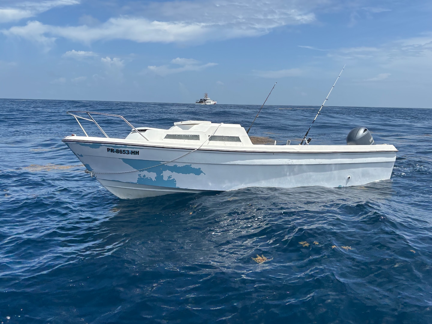 A disabled vessel adrift in the waters of the Mona Passage, August 1, 2025.  Coast Guard crews rescued the three mariners aboard before bringing them ashore. (U.S. Coast Guard photo)