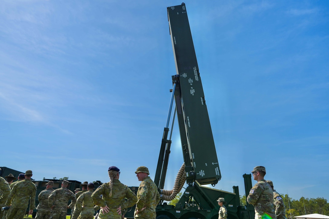 NORTHERN TERRITORY, Australia — Soldiers from B Battery (Dark Eagle), 5th Battalion, 3d Field Artillery Regiment (LRFB), give a capabilities brief on the Long Range Hypersonic Weapon System in Northern Territory, Australia, July 9, 2025.