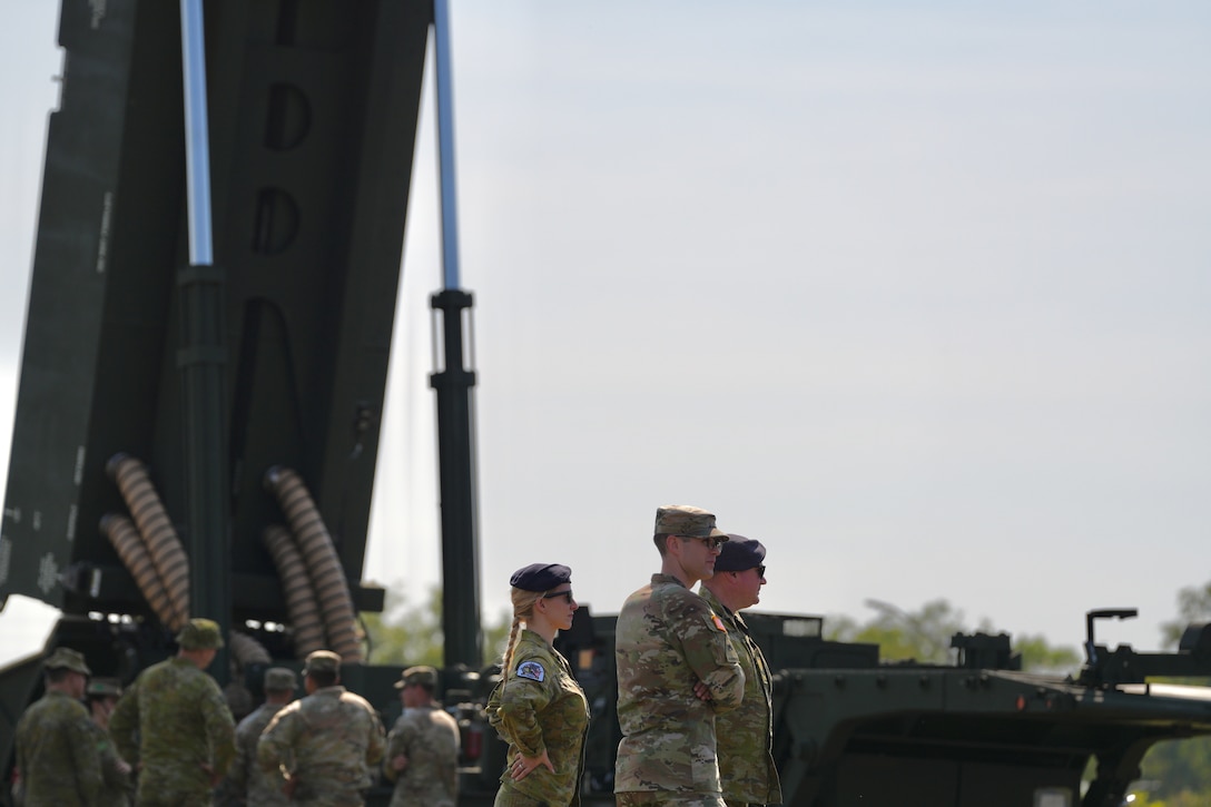 NORTHERN TERRITORY, Australia — Soldiers from B Battery (Dark Eagle), 5th Battalion, 3d Field Artillery Regiment (LRFB), give a capabilities brief on the Long Range Hypersonic Weapon System in Northern Territory, Australia, July 9, 2025.