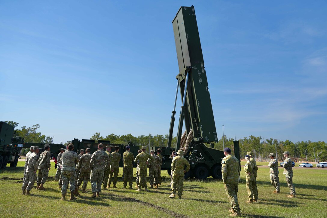 NORTHERN TERRITORY, Australia — Soldiers from B Battery (Dark Eagle), 5th Battalion, 3d Field Artillery Regiment (LRFB), give a capabilities brief on the Long Range Hypersonic Weapon System in Northern Territory, Australia, July 9, 2025.