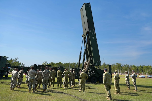 NORTHERN TERRITORY, Australia — Soldiers from B Battery (Dark Eagle), 5th Battalion, 3d Field Artillery Regiment (LRFB), give a capabilities brief on the Long Range Hypersonic Weapon System in Northern Territory, Australia, July 9, 2025.