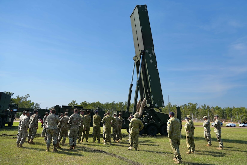 NORTHERN TERRITORY, Australia — Soldiers from B Battery (Dark Eagle), 5th Battalion, 3d Field Artillery Regiment (LRFB), give a capabilities brief on the Long Range Hypersonic Weapon System in Northern Territory, Australia, July 9, 2025.