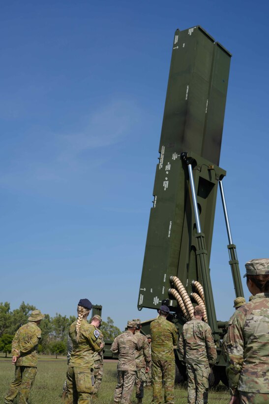 NORTHERN TERRITORY, Australia — Soldiers from B Battery (Dark Eagle), 5th Battalion, 3d Field Artillery Regiment (LRFB), give a capabilities brief on the Long Range Hypersonic Weapon System in Northern Territory, Australia, July 9, 2025.
