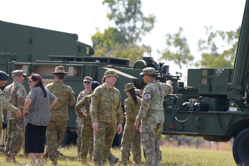 NORTHERN TERRITORY, Australia — Soldiers from B Battery (Dark Eagle), 5th Battalion, 3d Field Artillery Regiment (LRFB), give a capabilities brief on the Long Range Hypersonic Weapon System in Northern Territory, Australia, July 9, 2025.