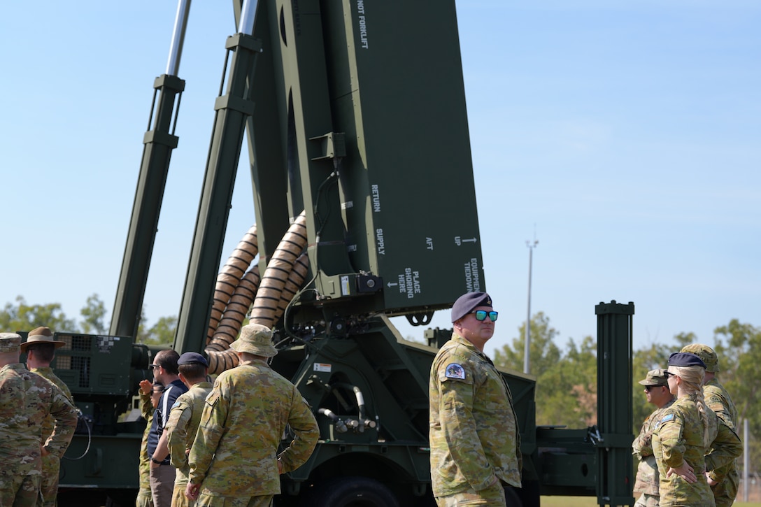 NORTHERN TERRITORY, Australia — Soldiers from B Battery (Dark Eagle), 5th Battalion, 3d Field Artillery Regiment (LRFB), give a capabilities brief on the Long Range Hypersonic Weapon System in Northern Territory, Australia, July 9, 2025.