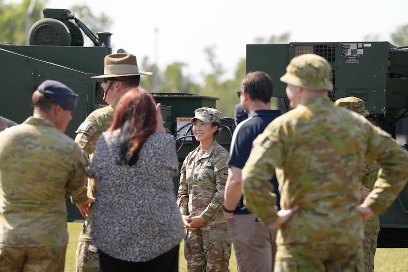 NORTHERN TERRITORY, Australia — Soldiers from B Battery (Dark Eagle), 5th Battalion, 3d Field Artillery Regiment (LRFB), give a capabilities brief on the Long Range Hypersonic Weapon System in Northern Territory, Australia, July 9, 2025.