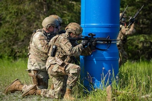 Airmen from the 155th Security Forces Squadron train on shoot, move, and communicate tactics at Joint Base Elmendorf-Richardson, Alaska, June 25, 2025.