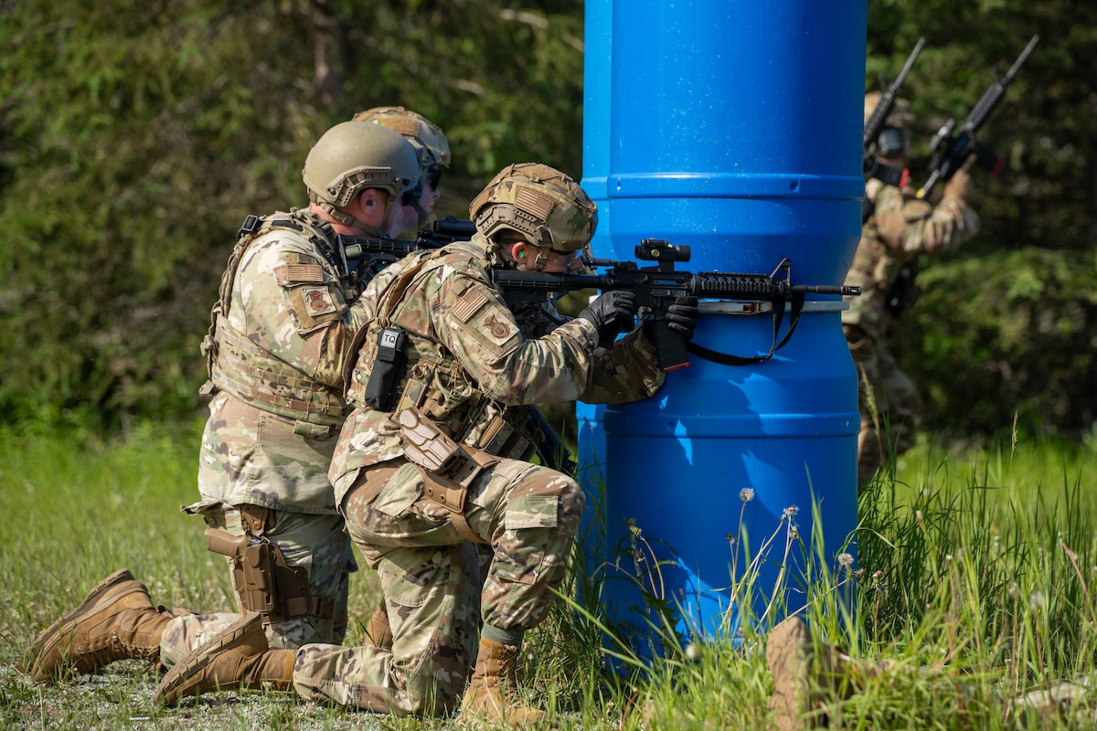 Airmen from the 155th Security Forces Squadron train on shoot, move, and communicate tactics at Joint Base Elmendorf-Richardson, Alaska, June 25, 2025.