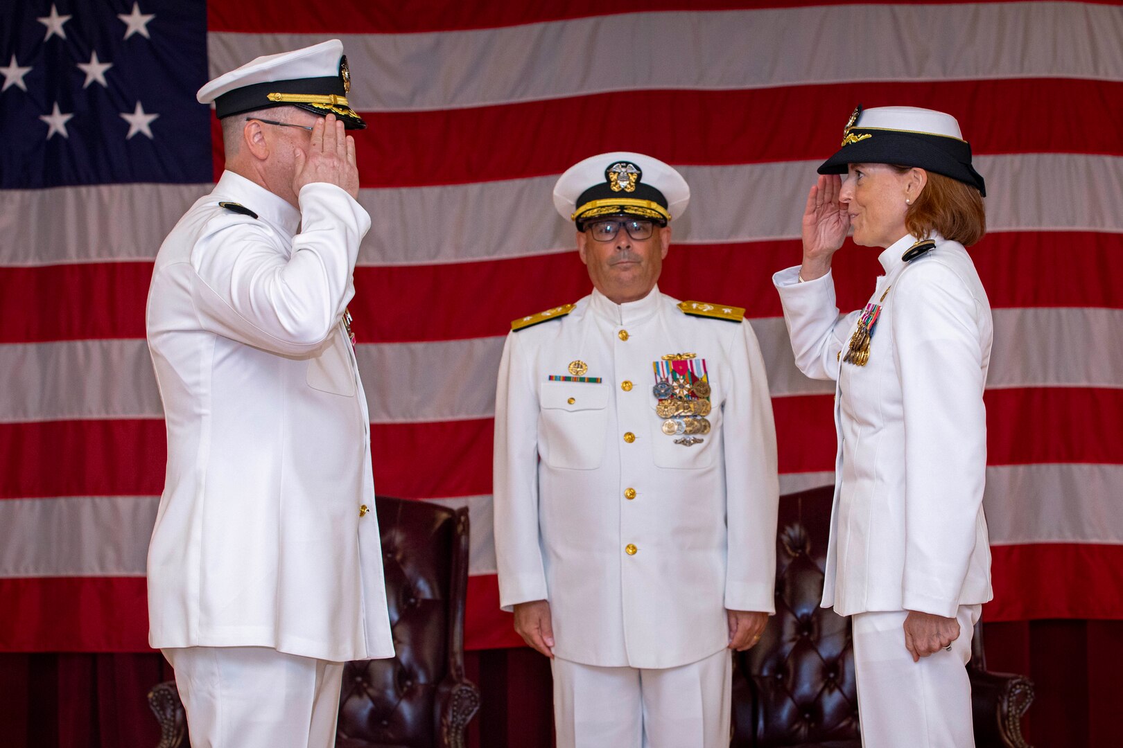 Capt. Brian Feldman, commander, Navy Medicine Readiness and Training Command (NMRTC) Portsmouth, is relieved of duty as commander, NMRTC Portsmouth by Capt. Kim Shaughnessy-Granger, prospective commander, NMRTC Portsmouth.