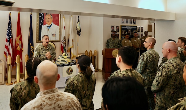 TWENTYNINE PALMS, Calif. — Rear Adm. Matthew Case, Chief of the Navy Medical Service Corps, visits Navy Medicine Readiness and Training Command Twentynine Palms, July 30, 2025. The visit marked the 78th birthday of the Medical Service Corps and included facility tours, leadership engagements, and an all-hands MSC officers call highlighting the Corps’ ongoing commitment to medical readiness and support of the warfighter. (U.S. Navy photo by Christopher Jones, NMRTC/NH public affairs officer).