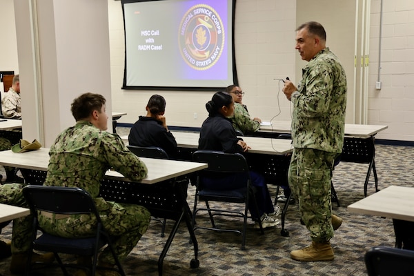 TWENTYNINE PALMS, Calif. — Rear Adm. Matthew Case, Chief of the Navy Medical Service Corps, visits Navy Medicine Readiness and Training Command Twentynine Palms, July 30, 2025. The visit marked the 78th birthday of the Medical Service Corps and included facility tours, leadership engagements, and an all-hands MSC officers call highlighting the Corps’ ongoing commitment to medical readiness and support of the warfighter. (U.S. Navy photo by Christopher Jones, NMRTC/NH public affairs officer).