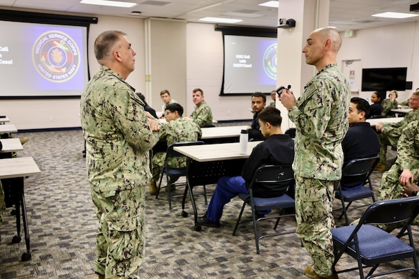 TWENTYNINE PALMS, Calif. — Rear Adm. Matthew Case, Chief of the Navy Medical Service Corps, visits Navy Medicine Readiness and Training Command Twentynine Palms, July 30, 2025. The visit marked the 78th birthday of the Medical Service Corps and included facility tours, leadership engagements, and an all-hands MSC officers call highlighting the Corps’ ongoing commitment to medical readiness and support of the warfighter. (U.S. Navy photo by Christopher Jones, NMRTC/NH public affairs officer).
