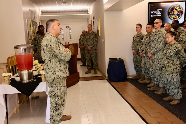 TWENTYNINE PALMS, Calif. — Rear Adm. Matthew Case, Chief of the Navy Medical Service Corps, visits Navy Medicine Readiness and Training Command Twentynine Palms, July 30, 2025. The visit marked the 78th birthday of the Medical Service Corps and included facility tours, leadership engagements, and an all-hands MSC officers call highlighting the Corps’ ongoing commitment to medical readiness and support of the warfighter. (U.S. Navy photo by Christopher Jones, NMRTC/NH public affairs officer).