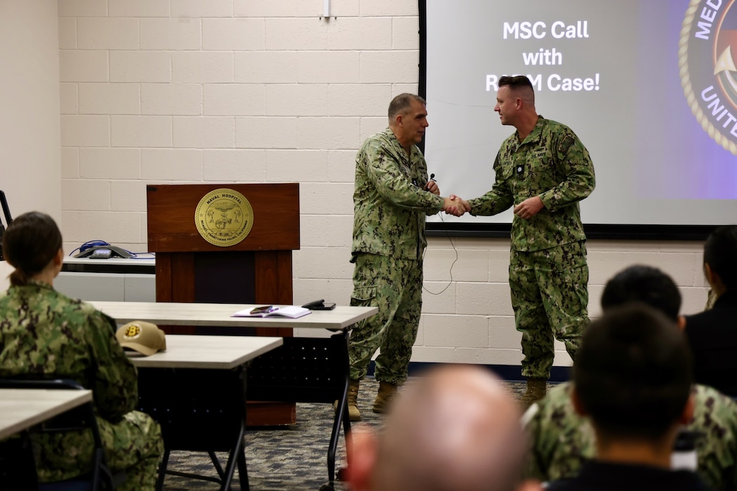 TWENTYNINE PALMS, Calif. — Rear Adm. Matthew Case, Chief of the Navy Medical Service Corps, visits Navy Medicine Readiness and Training Command Twentynine Palms, July 30, 2025. The visit marked the 78th birthday of the Medical Service Corps and included facility tours, leadership engagements, and an all-hands MSC officers call highlighting the Corps’ ongoing commitment to medical readiness and support of the warfighter. (U.S. Navy photo by Christopher Jones, NMRTC/NH public affairs officer).
