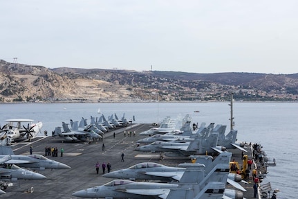 The world's largest aircraft carrier, USS Gerald R. Ford (CVN 78), arrives in Marseille, France, Aug. 4, 2025. Gerald R. Ford, a first-in-class aircraft carrier and deployed flagship of Carrier Strike Group Twelve, is on a scheduled deployment in the U.S. 6th Fleet area of operations to support the warfighting effectiveness, lethality and readiness of U.S. Naval Forces Europe-Africa, and defend U.S., Allied and partner interests in the region. (U.S. Navy photo by Mass Communication Specialist Seaman Apprentice Alyssa Joy)