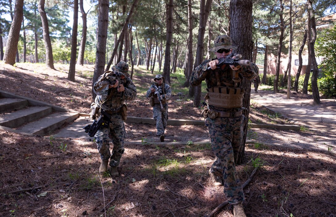 U.S. Marines with 2nd Battalion, 23rd Marines, forward deployed with 4th Marine Regiment, 3d Marine Division as part of the Unit Deployment Program, conduct bilateral patrol training as part of the Korean Marine Exercise Program 25.2 in Pohang, South Korea, July 28, 2025. KMEP is conducted regularly between the ROK and U.S. Marine Corps to increase their combined capabilities through realistic training geared towards deterrence and maintaining peace in the Indo-Pacific. (U.S. Marine Corps photo by Cpl. Kanoa Thomas)