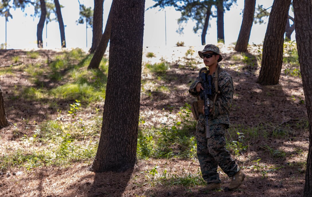 U.S. Marine Corps Cpl. Rolando RamirezJr III, a rifleman with 2nd Battalion, 23rd Marines, forward deployed with 4th Marine Regiment, 3d Marine Division as part of the Unit Deployment Program, conducts bilateral patrol training as part of the Korean Marine Exercise Program 25.2 in Pohang, South Korea, July 28, 2025. KMEP is conducted regularly between the ROK and U.S. Marine Corps to increase their combined capabilities through realistic training geared towards deterrence and maintaining peace in the Indo-Pacific. RamirezJr III is a native of California.  (U.S. Marine Corps photo by Cpl. Kanoa Thomas)