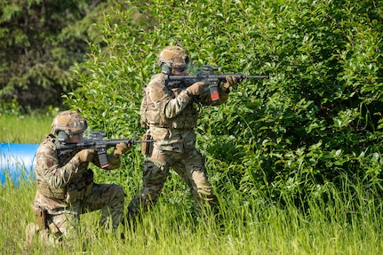 Airmen from the 155th Security Forces Squadron train on shoot, move, and communicate tactics at Joint Base Elmendorf-Richardson, Alaska, June 25, 2025.