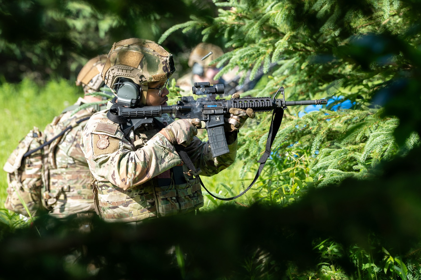 Airmen from the 155th Security Forces Squadron train on shoot, move, and communicate tactics at Joint Base Elmendorf-Richardson, Alaska, June 25, 2025.