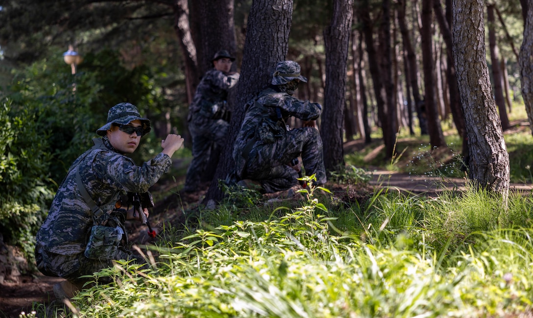 Republic of Korea Marines with 1st Marine Division, ROK Marine Corps, conduct patrol training during the Korean Marine Exercise Program 25.2 in Pohang, South Korea, July 28, 2025. KMEP is conducted regularly between the ROK and U.S. Marine Corps to increase their combined capabilities through realistic training geared towards deterrence and maintaining peace in the Indo-Pacific. (U.S. Marine Corps photo by Cpl. Kanoa Thomas)