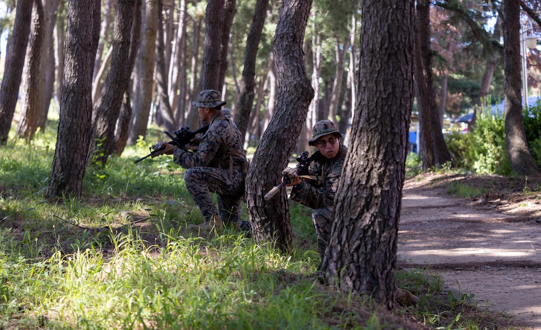 U.S. Marine Corps Sgt. Cyrane Pahimna, left, a transmissions systems operator, and Cpl. David TabaresSantiago, a machine gunner, both with 2nd Battalion, 23rd Marines, forward deployed with 4th Marine Regiment, 3d Marine Division as part of the Unit Deployment Program, maintain security during bilateral patrol training as part of the Korean Marine Exercise Program 25.2 in Pohang, South Korea, July 28, 2025. KMEP is conducted regularly between the ROK and U.S. Marine Corps to increase their combined capabilities through realistic training geared towards deterrence and maintaining peace in the Indo-Pacific. Pahimna and TabaresSantiago are natives of California. (U.S. Marine Corps photo by Cpl. Kanoa Thomas)