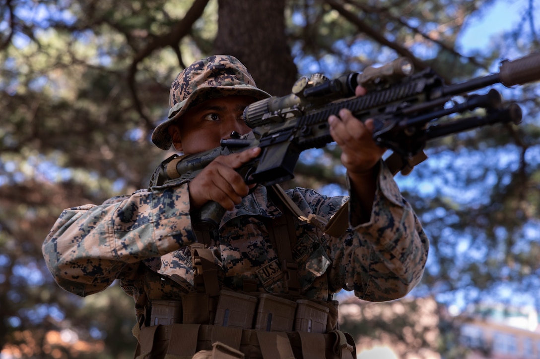 U.S. Marine Corps Pfc. Gerardo Martinez, a rifleman with 2nd Battalion, 23rd Marines, forward deployed with 4th Marine Regiment, 3d Marine Division as part of the Unit Deployment Program, maintains security during bilateral patrol training as part of the Korean Marine Exercise Program 25.2 in Pohang, South Korea, July 28, 2025. KMEP is conducted regularly between the ROK and U.S. Marine Corps to increase their combined capabilities through realistic training geared towards deterrence and maintaining peace in the Indo-Pacific. Martinez is a native of California. (U.S. Marine Corps photo by Cpl. Kanoa Thomas)