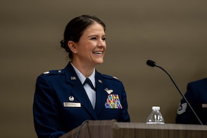 U.S. Air Force Lt. Col. Caroline Tetrick, 435th Training Squadron incoming commander, gives remarks during the squadron’s Change of Command on Scott Air Force Base, Illinois, May 28, 2025.The 435th TRS provides critical support in air mobility, education, and full-spectrum command and control instruction, with a continued emphasis on improving operational tactics, techniques, and procedures. (U.S. Air Force photo by Senior Airman Violette Hosack)