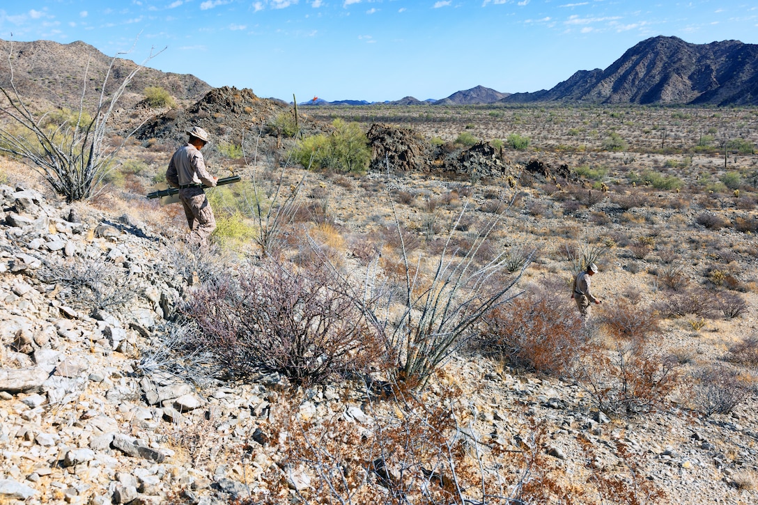 Marines carrying signposts hike in a sparsely vegetated, rocky area on a sunny day, with a mountain in the distance.