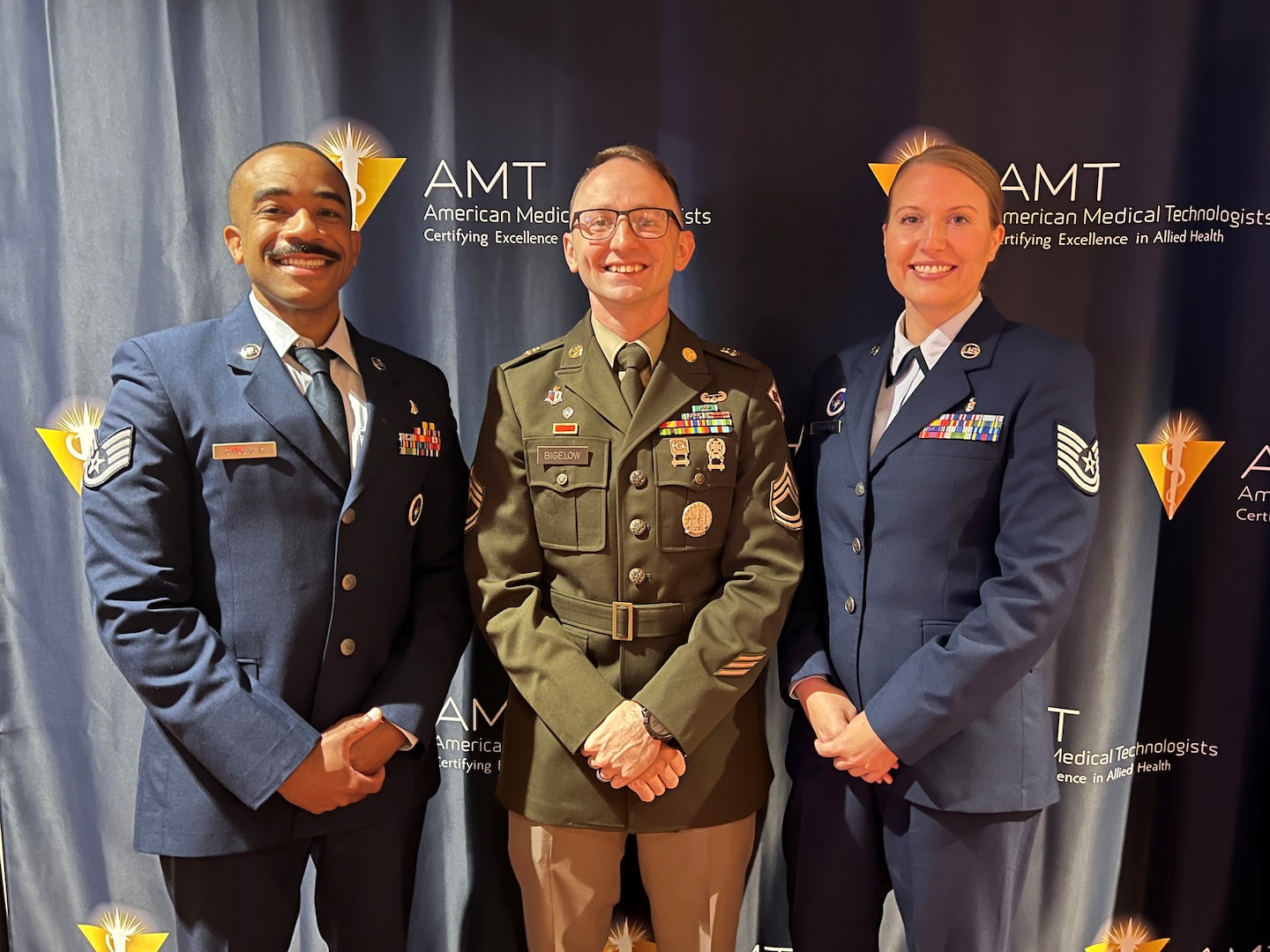 L to R: Air Force Staff Sgt. Jheryl Stuckey, Army Sgt. 1st Class Devin Bigelow, and Air Force Tech. Sgt. Jessica McCleary, instructors at the Medical Education and Training Campus located on Joint Base San Antonio-Fort Sam Houston, Texas, led a continuing education session entitled Elite Training Redefined: Cutting-Edge Strategies in Military Medical Education to a room filled with 45 allied health professionals at the American Medical Technologists Annual Meeting in Pittsburgh, Pa. July 23.