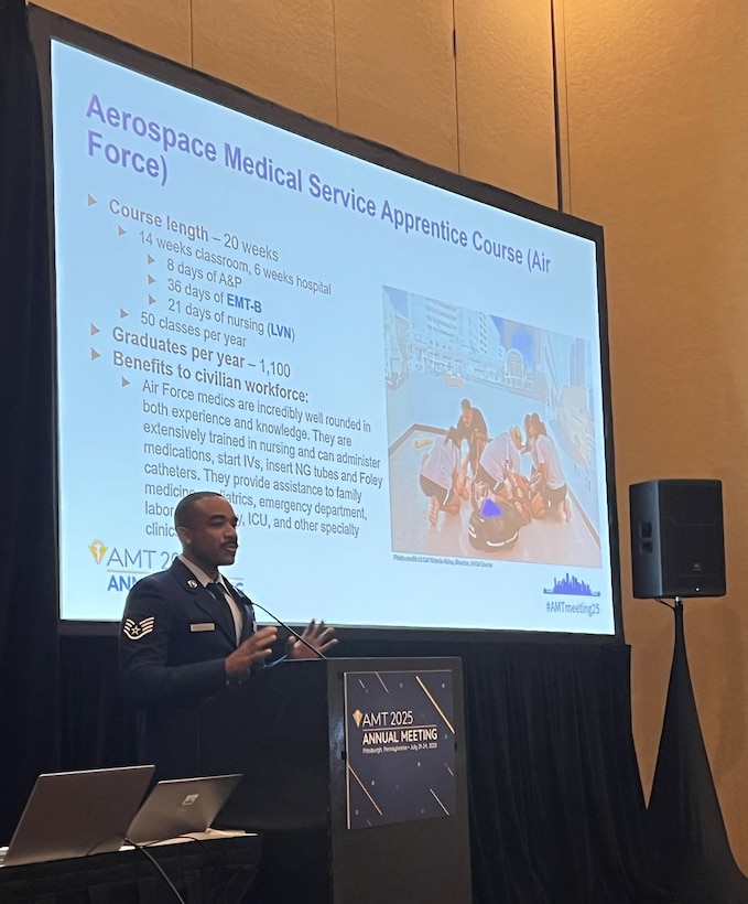 Air Force Staff Sgt. Jheryl Stuckey, an instructor for the Aerospace Medical Service Apprentice (AMSA) course at the Medical Education and Training Campus on Joint Base San Antonio-Fort Sam Houston, Texas, delivers a presentation about the AMSA course at the American Medical Technologists Annual Meeting in Pittsburgh, Pa. July 23.