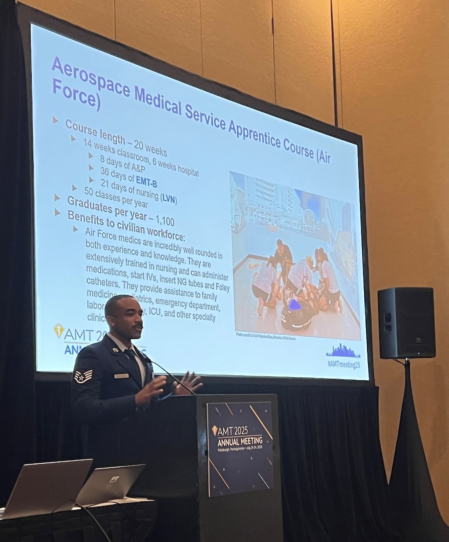 Air Force Staff Sgt. Jheryl Stuckey, an instructor for the Aerospace Medical Service Apprentice (AMSA) course at the Medical Education and Training Campus on Joint Base San Antonio-Fort Sam Houston, Texas, delivers a presentation about the AMSA course at the American Medical Technologists Annual Meeting in Pittsburgh, Pa. July 23.