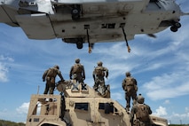 U.S. Marines with 2nd DSB execute external lifts with a JLTV