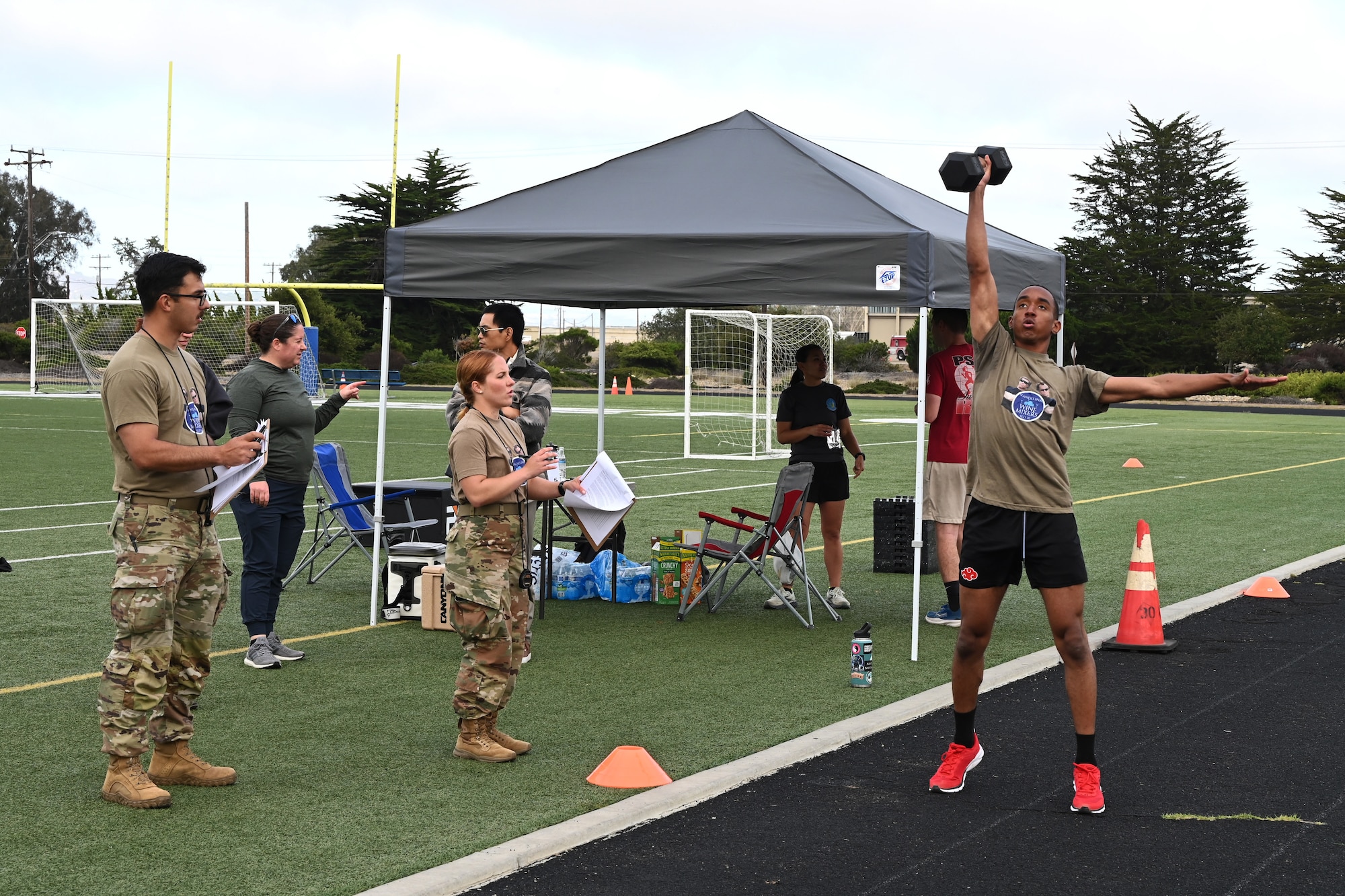 Airman First Class Allen Price executes an overhead press during the Guardian Arena Regional tryout at Vandenberg Space Force Base, Calif., July 28, 2025.