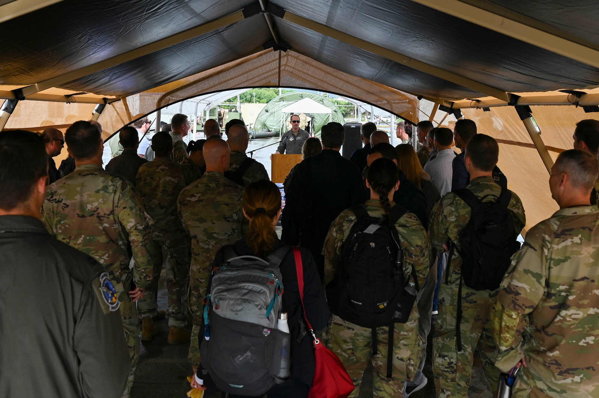 U.S. Air Force Col. Matthew Johnston, 354th Air Expeditionary Wing commander, briefs key military and congressional leaders in Guam during exercise Resolute Force Pacific (REFORPAC) 25, July 28, 2025.