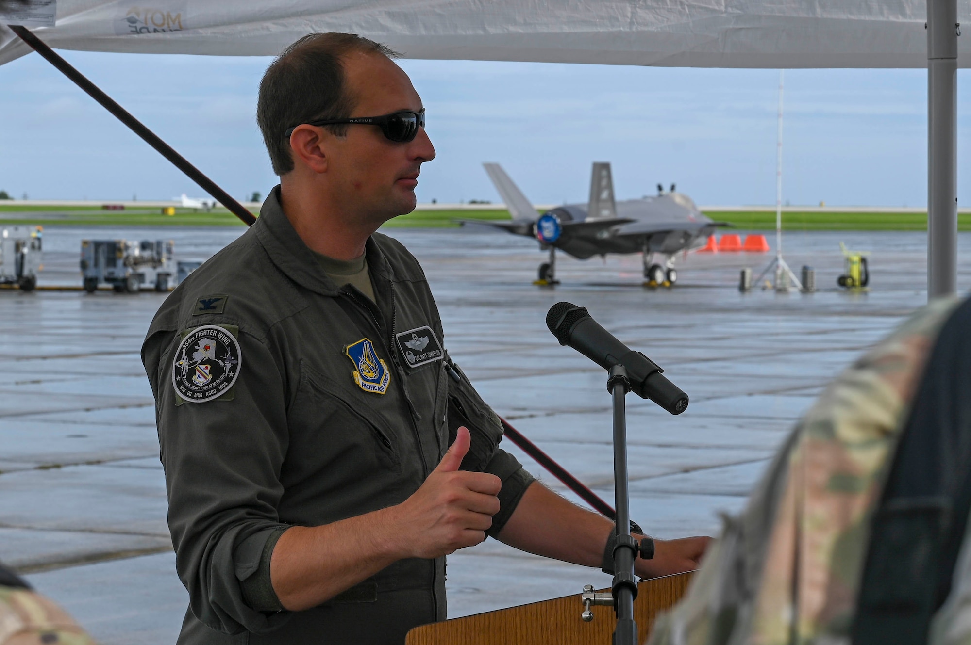 U.S. Air Force Col. Matthew Johnston, 354th Air Expeditionary Wing commander, briefs key military and congressional leaders in Guam during exercise Resolute Force Pacific (REFORPAC) 25, July 28, 2025.