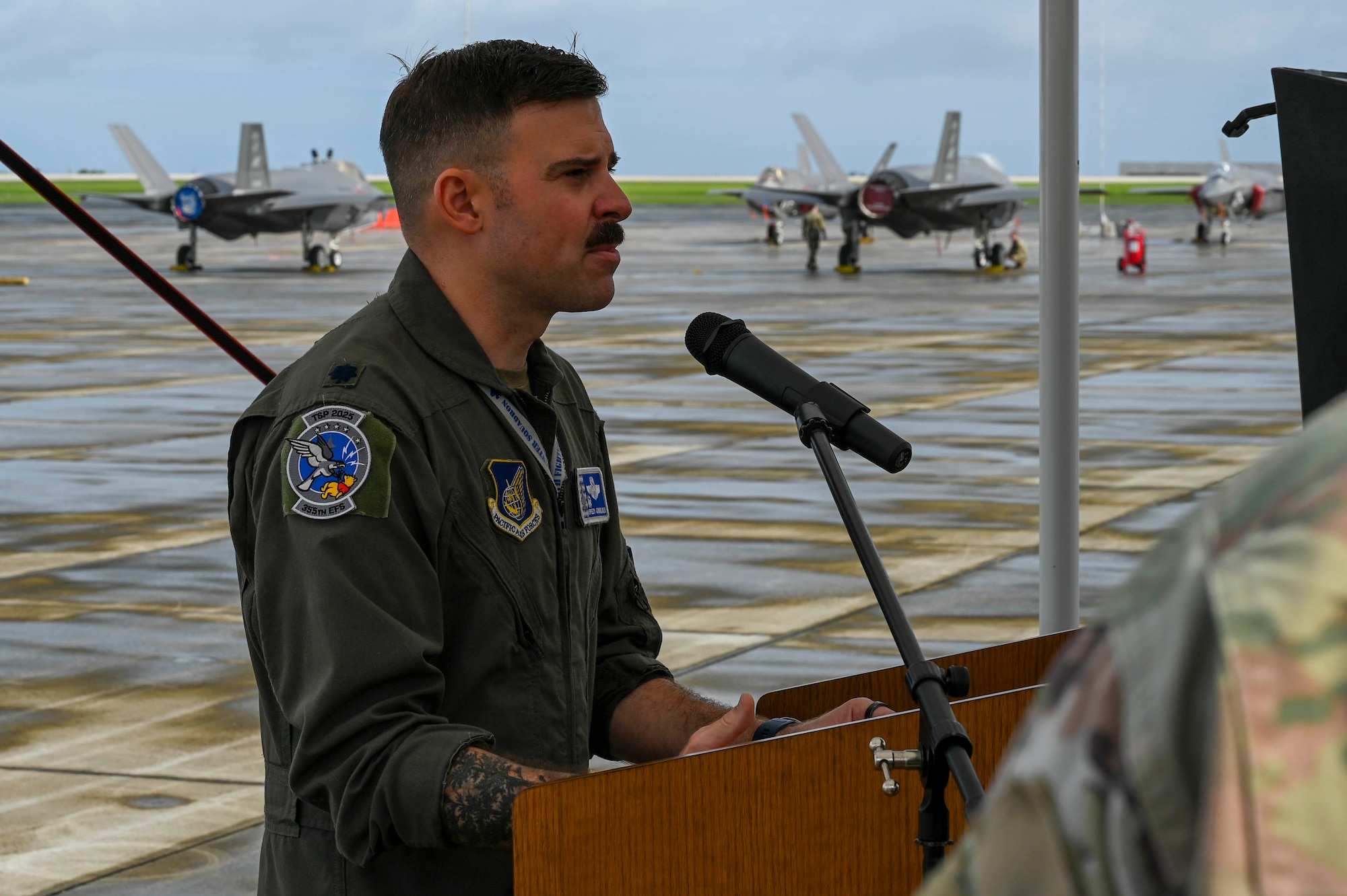 U.S. Air Force Lt. Col. Erik Gonsalves, 355th Mission Generation Force Element commander, briefs key military and congressional leaders in Guam during exercise Resolute Force Pacific (REFORPAC) 25, July 28, 2025.
