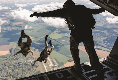 U.S. Air Force Special Tactics Operators assigned to 24th Special Operations Wing, U.S. Army Special Forces Operators, and Ukrainian special operations forces execute a bilateral military free fall from U.S. Air Force MC-130J Commando II assigned to 352nd Special Operations Wing near Vinnytsia, Ukraine.