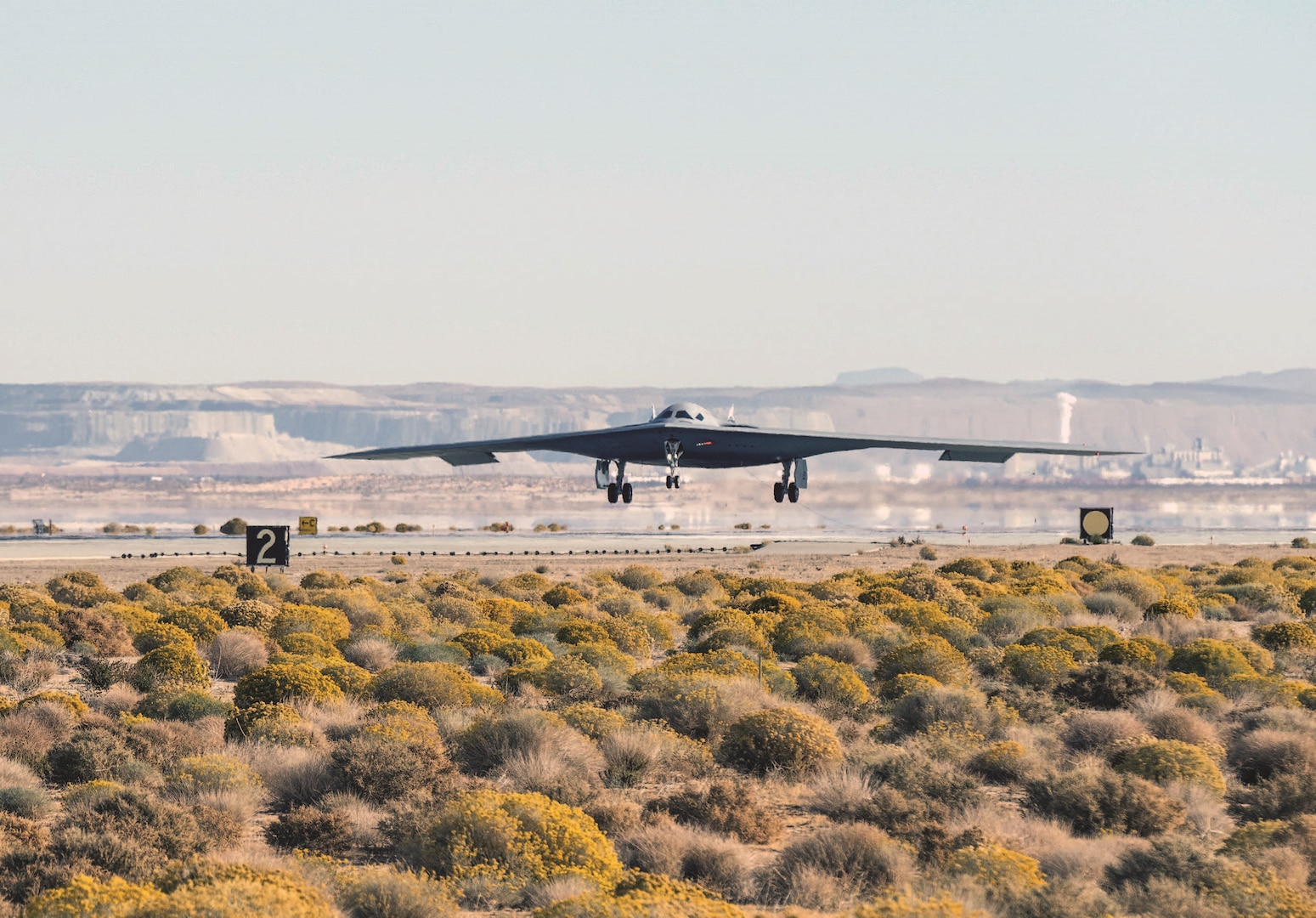 B-21 Raider conducts flight testing at Edwards Air Force Base, California.